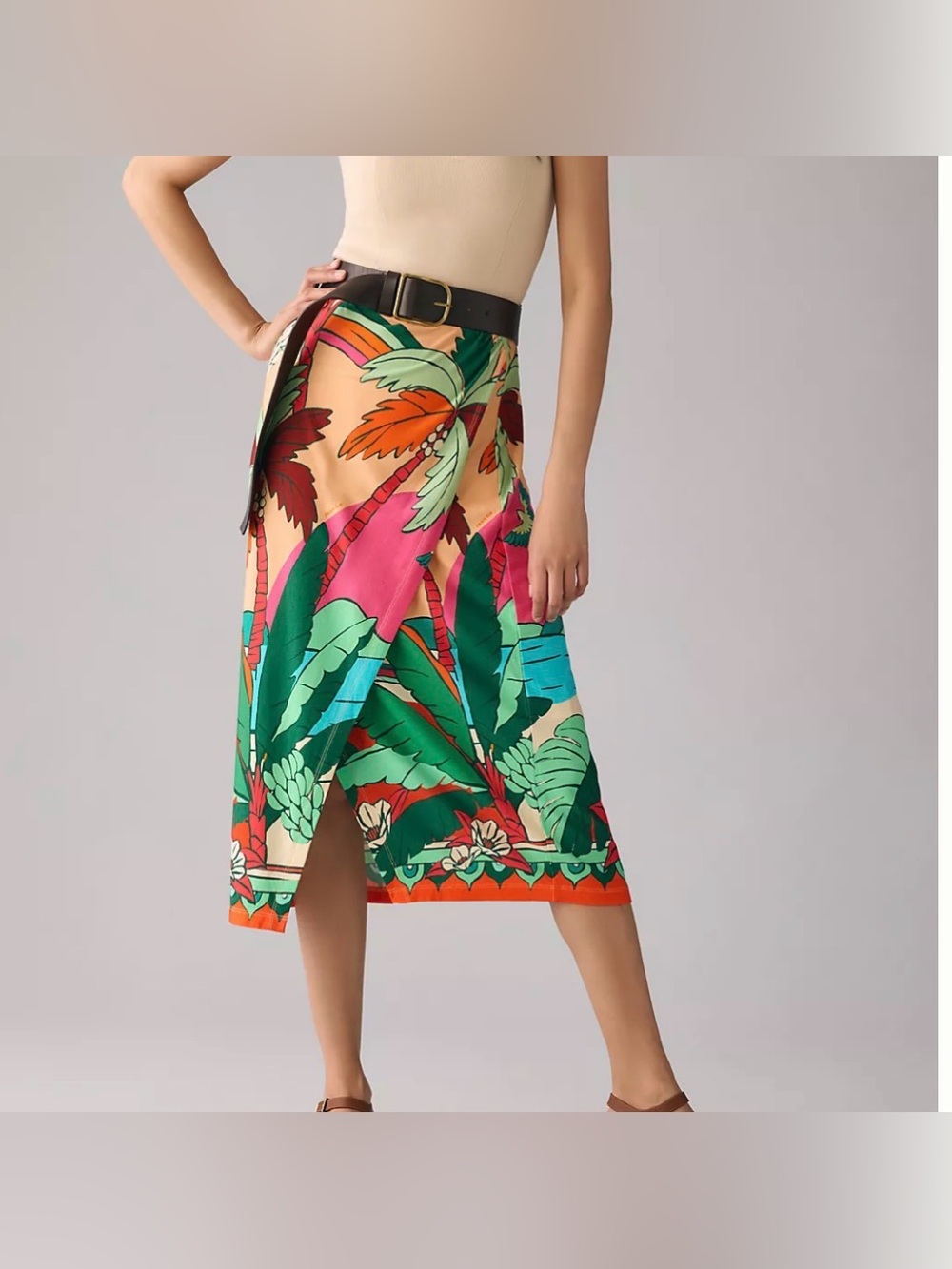 Farm Rio Anthropologie midi stretchy skirt tropical print birds palm tree size L